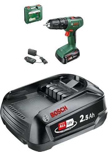Bosch Cordless Hammer Drill EasyImpact 18V-38 (1x Battery 2.5 Ah; 18 Volt System; in Carrying case) + Bosch 1600A005B0 Battery Pack PBA 18V 2.5Ah W-B, 18 V, Black