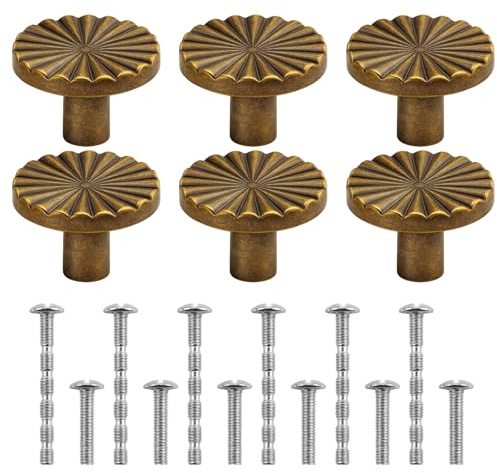 QhgPnt 6 Antique Brass Drawer Knobs, Vintage Drawer Handles Copper Round 30mm, Zinc Alloy Cabinet Handles with Screws, Classic Cupboard Door Knobs for Wardrobes and Cabinets