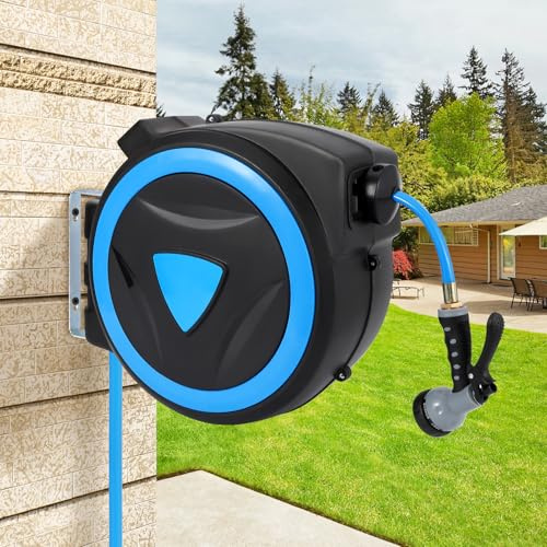 Garvee Caja de manguera XL enrollable de 78 pies (azul), diseño giratorio, incluye manguera Gardena y kit de montaje, sistema de riego versátil para jardines grandes, carrete de bobinado