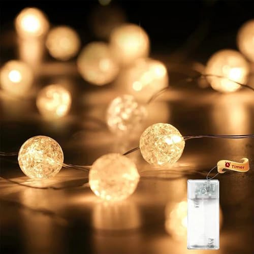 Koboko Lichterkette Kristall Kugeln mit Timer, 3M 30 LED Lichterkette Kristallkugeln Batteriebetrieben, Warmweiß Kristall Crackle Kugeln Lichterketten Innen für Schlafzimmer, Weihnachten, Geburtstag