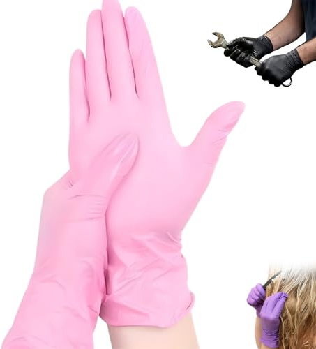 XKrmp Heavy Duty 6 Mil Nitrile Gloves - Disposable Latex Free Gloves for Mechanics, Automotive & Industrial Use, Rubber Gloves for Cooking Food Prep & Cleaning, Powder Free (50Pcs,Pink)