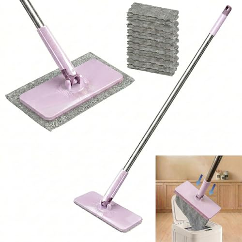 Wischmopp mit Klemm-System, 120cm Mopp mit Breitem Wischkopf (25cm), Wischer Mop ohne Händewaschen, Praktischer Tuchwechsel, Inkl. 10 Wiederverwendbare Tücher