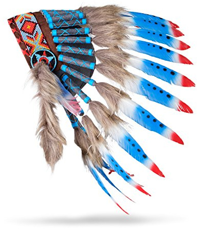 Pink Pineapple Traditioneller Indianer Inspirierter Kopfschmuck handgefertigt im traditionellen Stil Nordamerikanischer Indianer - Kurze Länge - Blau, Rot und Weiß