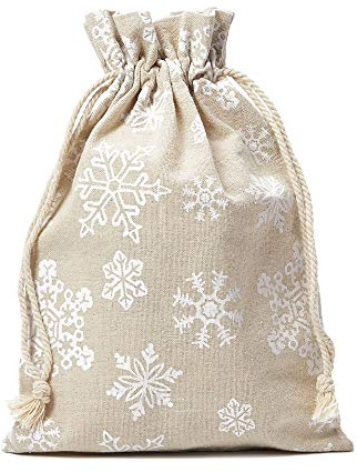 | 6 Leinensäckchen, Leinenbeutel mit Schneeflocken-Motiv und Baumwollkordel zum Zuziehen, Adventskalender, Geschenkverpackung, Weihnachtsbeutel, Schnee (20x12 cm)