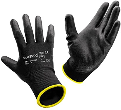 ASPRO Arbeitshandschuhe 20 Paar Größe 7 (S)- Gartenhandschuhe-Schwarze Nylon-Handschuhe mit PU-Beschichtung für Bauarbeiter, Gärtner, Mechaniker, Bauarbeiter, Lagerarbeiter etc.