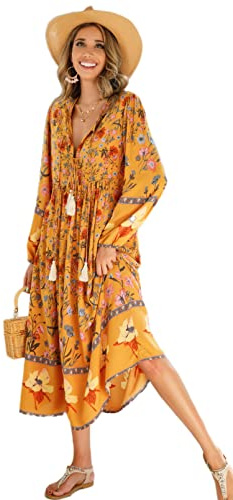 R.Vivimos Elegante Casual Mujer Bohemio Vestido Largo Estampado Corbata Manga Larga Vestido de Midi de Playa Vestido de Vacaciones(S,Goldenrod)