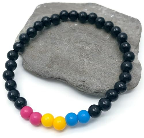 Pansexual Flag Bead Bracelet, 6mm Pink Yellow Blue and Black Acrylic Beads, LGBTQIA Pride Awareness, Size Small/Medium 7 inches