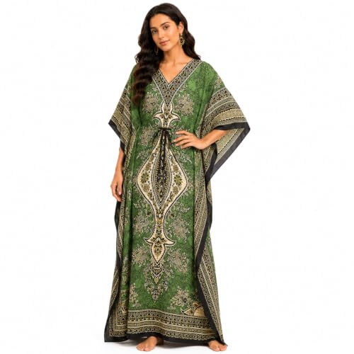Art of Creation Robe Caftan décontractée 100% Polyester pour Femme - Robe Maxi Caftan - Taille Unique avec Sangle arrière réglable, Vert, L