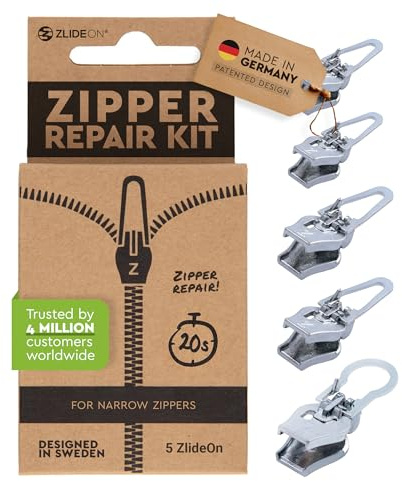 Zlideon Reißverschluss Reparaturset für schmale Reißverschlüsse – 5 Stück, Silber | Sofortiger Ersatz-Schieber für Kleider, Leichte Jacken, Innentaschen von Handtaschen
