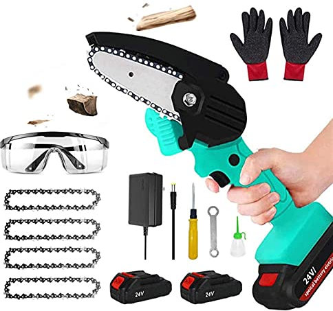 Auoeer Handheld Mini Chainsaw 4-Inch Electric Cordless Chain Saws with box and goggles Portable 24V 500W Electric Chainsaws Pruning Shears Chainsaw for Courtyard Tree Wood Cutting