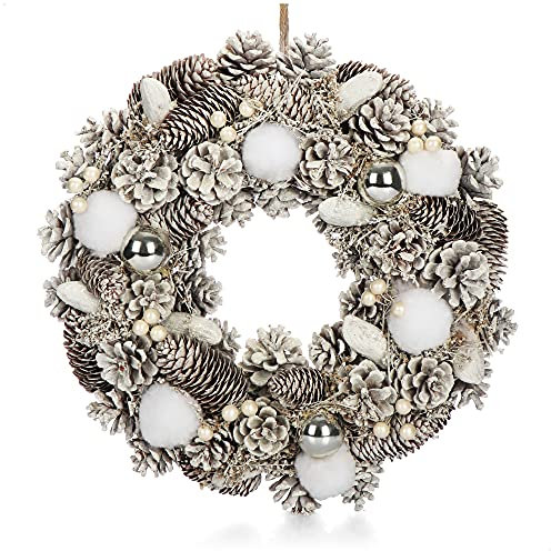 COM-FOUR® Türkranz für Weihnachten - weißer Adventskranz mit Christbaumkugeln - Dekokranz Ø 38 cm- Weihnachtsdeko - Tischkranz - Weihnachtskranz (weiß + silberfarbene Kugeln - 38cm)