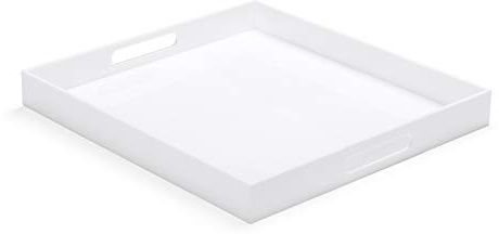 Plateau ottoman moderne en acrylique avec poignées découpées Plateau de service en acrylique Plateau décoratif pour salon, chambre à coucher, salle de bain et cuisine Blanc 50,8 x 50,8 cm