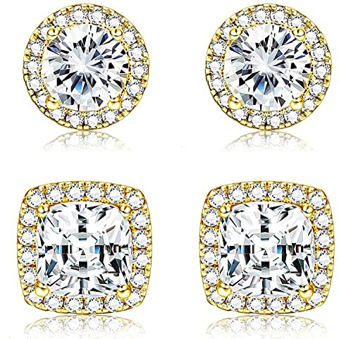 Dochais 2 Pares Pendientes Plata de ley 925 para Hombre Mujer Pendientes Diamante Zirconia Brillante Redondos Cuadrados Oro 14K Pendiente Hipoalergénicos Grandes para Hombres Mujeres Unisex Oro