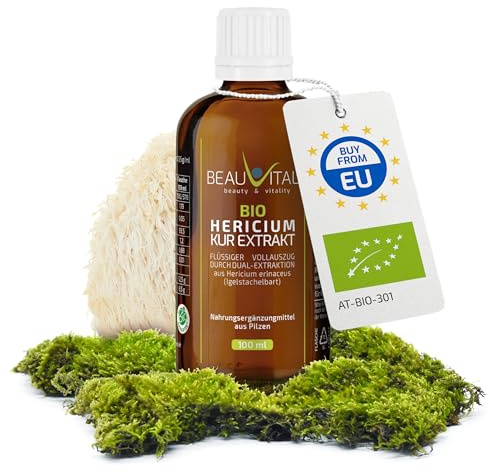BEAUVITAL® Bio Hericium Extrakt flüssig | Flüssigextrakt Lion´s mane/Igelstachelbart durch Dualextraktion in Glyzerin, 100ml