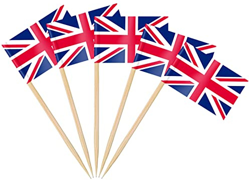 AhfuLife 100pcs Union Jack Toothpick Flags for VJ-Day 80th Anniversary, Cocktail Stick Flag for Sandwich Food Cupcake Toppers Tableware Euro World Cup Party Supplies Pub Royal Event Decor