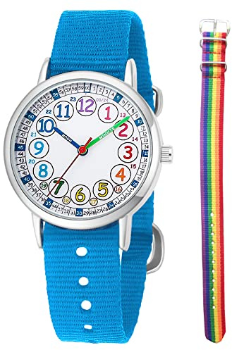Orologio da polso analogico al quarzo per bambini, 2 pezzi, cinturino intercambiabile in tessuto, per imparare a leggere l'ora, Arcobaleno+blu, Cinturino