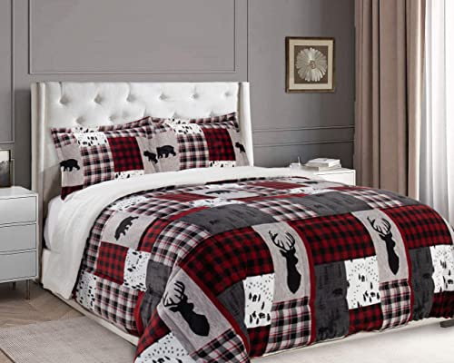 Elegant Comfort 3-Piece Winter Lodge-Patch Sherpa Comforter Soft, Cozy and Durable Quality, Heavy Weight Reversible Down Alternative Micro-Suede, Patch Sherpa Comforter, King