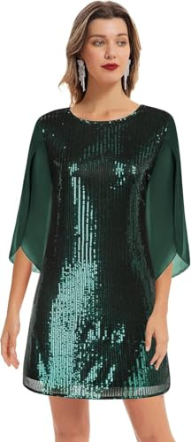 GRACE KARIN Femme Soirée Robe d'Été à Paillettes Manches 3/4 Coupe Ample Élégante de Soirée Midi XL Paillettes Vert Foncé