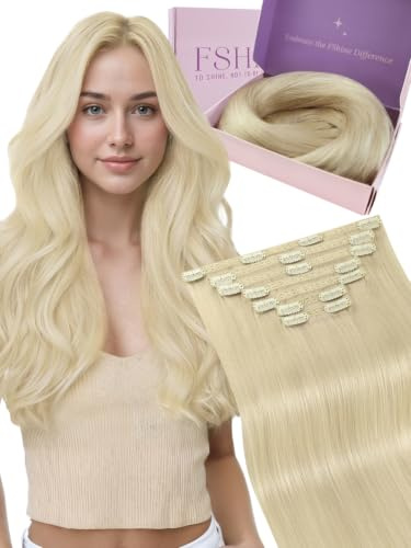 Fshine Hair Extensions Clip in Platinblond 45cm 120g Clip Extensions | Blond Extensions Echthaar, Schnell einsetzbar, ohne zusätzliche Werkzeuge, Anfängerfreundlich, natürliche Haarintegration