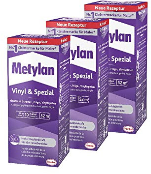 Metylan Vinyl und Spezial, Tapetenkleister für Struktur-, Präge-, und Vinyltapeten, optimale Anstrichstabilität und einfaches Ausrichten, Kleister mit hoher Ergiebigkeit, transparent, 3x360g