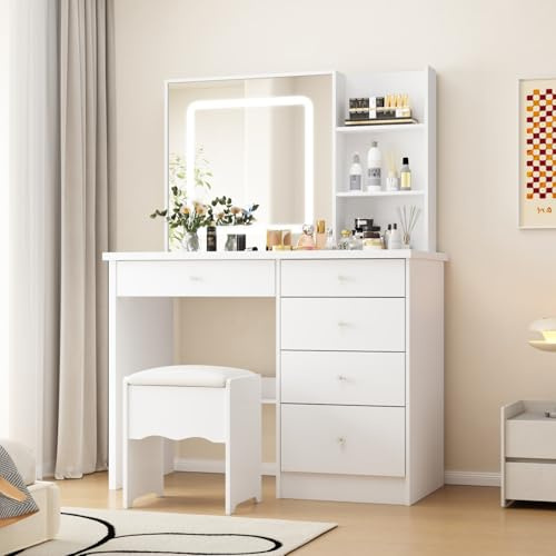 Caldion Schminktisch mit LED-Beleuchtung,Spiegel und Hocker,Frisiertisch Schminktische mit 5 Schubladen Kosmetiktisch weiß 100x50x135cm