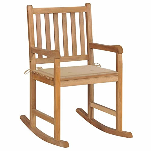 Tidyard Schaukelstuhl mit Beige Kissen Stuhl Schaukelliege Garten Sonnenliege Gartenliege Relaxstuhl Liegestuhl Gartenstuhl Schwingliege Massivholz Teak