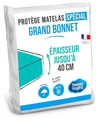 SWEET NIGHT - Protège Matelas Grand Bonnet | pour Bonnet jusqu'à 30cm/35cm/40cm | 160x200x35 cm | Alèse Imperméable | Lavable à 90°C