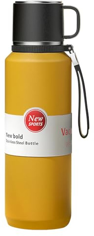 XUDREZ Edelstahl Thermosflasche mit Schichtfilter, Thermoskanne heiße und kalte Getränke Gelb 800ml - Hält 24 Stunden - Auslaufsichere vakuumisolierte Flaschen mit Becher für Kaffee Arbeit Milch