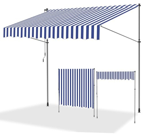 ISOISL Klemmmarkise 350 cm breit, Balkonmarkise mit Handkurbel, UV-beständig, Höhenverstellbar, Sonnenschutz und Wasserdicht Markise Balkon ohne Bohren für Balkon Terrasse Garten(Blau Weiß)