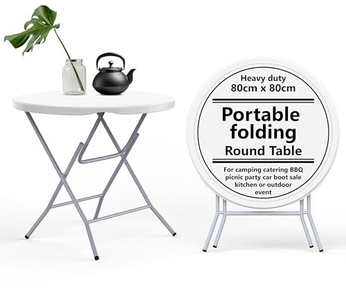Vivo Technologies 80cm Round Folding Table, Portable Plastic Garden Table for Camping, Catering, BBQ, Picnic, Party, Car Boot Sales, Dining, Kitchen & Outdoor Events, White