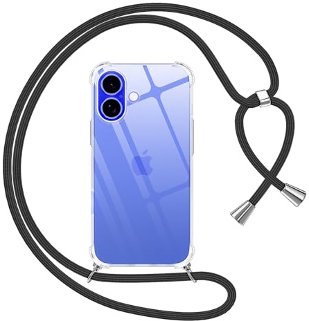 Pnakqil Coque pour iPhone 16 avec Cordon, Transparente Silicone Housse avec Réglable de Collier Anti-Chute Etui pour iPhone 16, Ètuis à Bandoulière 6.1, Noir