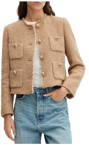 Cropped-Tweed-Blazer-Jacken für Damen, elegant, kragenlos, langärmelig, Knopfleiste, Arbeit, Büro, Blazer, Braun, L