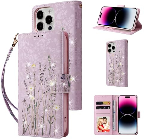 UEEBAI Wallet Case for iPhone 13 Pro, PU Leather Phone Case Kickstand RFID Blocking Flip Case Card Slots Wrist Strap Relief Engraved Pattern Magnetic Closure Folio Case - Lavender