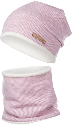 Smarilla Wintermütze + Schlauchschal Winterset Beanie Strickmütze Strickschal Snood Fleece Wolle, Größe: 54-56, Farbe: Rosa