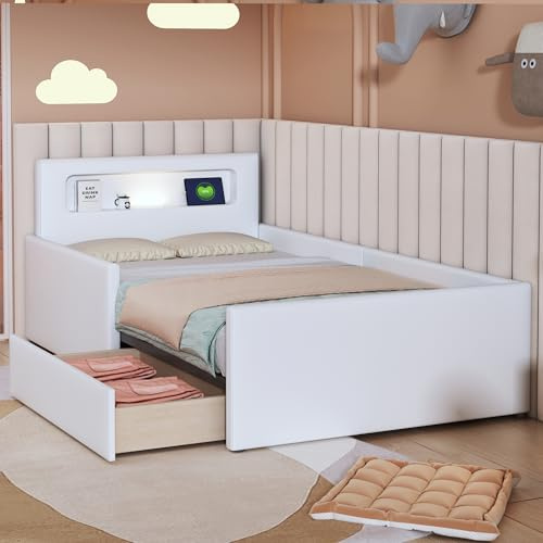Polsterbett Kinderbett 90x200 cm, Einzelbett mit Schublade&Lattenrost&Rausfallschutz, Kopfteil mit Nachtlicht&USB-Ladefunktion&Staufach, Stauraumbett Funktionsbett Bettgestell, Ohne Matratze, Weiß
