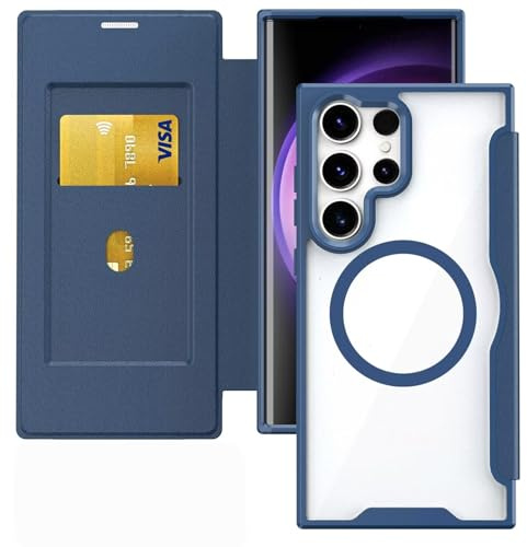 HAONANDE Magnetisch Handyhülle für Samsung Galaxy S23 Ultra, Klapphülle Kompatibel mit MagSafe, RFID Blocker, Kartenfach, PU Leder Flip Stoßfest Schutzhülle Klar Case Blau