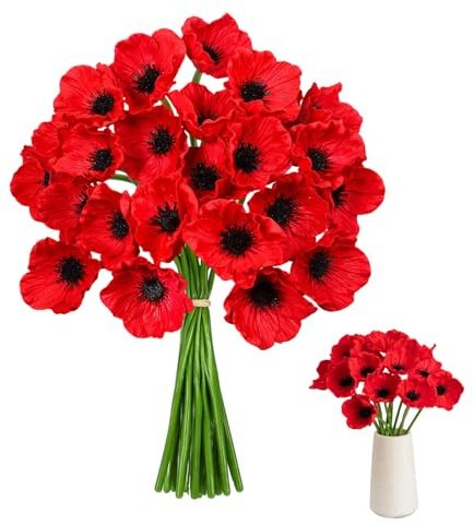 CZAYEFNH Packung mit 24 Kunstblumen Wie Echt - Lebensechte Rote Mohnblumen aus PU-Material für Hochzeits- und Heimdekorationen