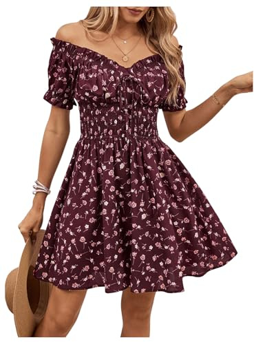 SweatyRocks Damen Off Shoulder Strandkleid A Linie Sommerkleid Casual Skaterkleid Kurzes Kleid Freizeitkleid Bohokleid mit Blumenmuster Bordeaux S