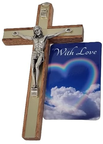 celebrationgiftsforall 15cm Wall Hanging Jesus On a Mahogany Wood Crucifix Cross to Honour Our Lord Christ including an Affirmation Wallet Card