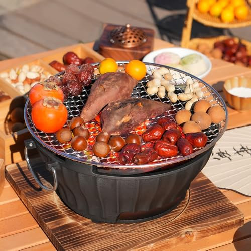 GMBAYUE Forno a Carbone di Ghisa, Griglia a Carbone da Campeggio, Barbecue Portatile, Fornello per Barbecue a Legna da Campeggio e da Giardino Tavolo, Perfetto per 3-4 Persone