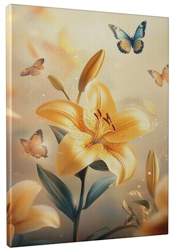 Stampa artistica da parete su tela con giglio giallo primaverile, stampe floreali con farfalle, decorazione estetica moderna per la casa, soggiorno, camera da letto, cucina, senza cornice, 40,6 x 50,8
