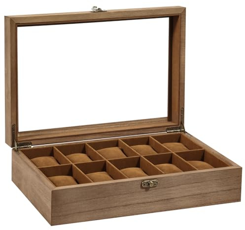 Uten Watch Box 10 Slots, Solid Wood Watch Case with Glass Lid, Metal Clasp, Watch Display Storage Box for Men and Women, Removable Silk Cotton Pillow, Brown Lining, Gift Idea for Watches, Jewelry