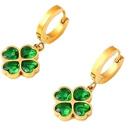 Boucles d'oreilles pendantes en forme de trèfle à quatre feuilles pour femmes et filles - Acier inoxydable plaqué or - Pierre en verre et cœur émeraude