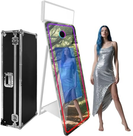 Cabine photo miroir avec écran tactile de 81,3 cm, lumière de remplissage, contrôle par application, lumière RVB, appareil photo reflex numérique portable avec étui de transport pour fêtes de mariage