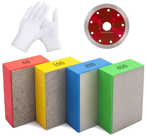 4 Pcs Diamond Polishing Pads with 1Pair Gloves and 115mm Diamond Cutting Discs for Hand Sanding Tile Concrete Glass Ceramics, Wet or Dry Diamonds Sanding Pads, Tile Tools(60#,100#,200#,400#)