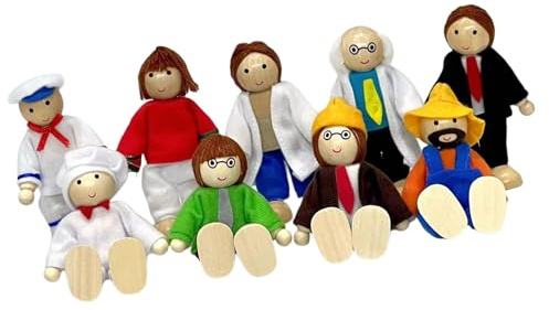 Qsvbeeqj Poupées familiales interactives en bois pour enfants Apprentissage et compétences sociales Développement en bois et polyester Poupée avec membres mobiles Famille de poupées