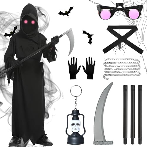 KIMIGO Costumi Falciatrice di Halloween Per Bambini Adulti Set Costume Falciatrice per Fantasma Spaventoso Morte,con Occhiali Luminosi,Falce Della Morte,Guanti,Cintura,per Cosplay,Carnevale