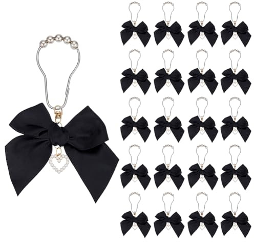 PH PandaHall 20 ganchos decorativos para cortina de ducha con lazo negro, anillos deslizantes decorativos, accesorios de decoración de baño para baño, dormitorio, guardería, decoración glamurosa del