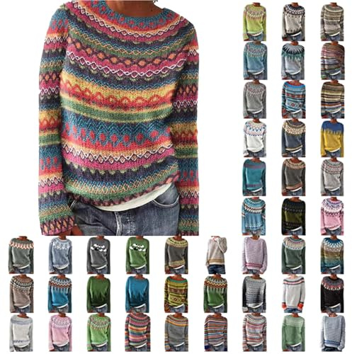 Nuaoxyeu Fitted Jumpers for Women UK Women's Jumpers Art Printed Knitted Fairisle Jumper Retro Crew Neck Fair Isle Pullover Long Sleeve Hippy Norwegian Sweater Plus Size Cropped Jumper