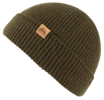TOP-EX XL/XXL 100% Merino Wolle Fisherman Beanie Herren & Damen Großer Head, Thermo Winter mütze, Unisex Stretchy Weich Wollmütze für Geschenk, Strickmuetze für Ski Running, Urban Olive